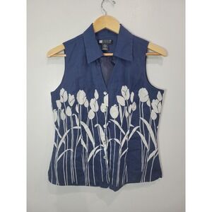CAROLE LITTLE Women‎ Navy Blue Sleeveless Linen Floral Button Up Vest M